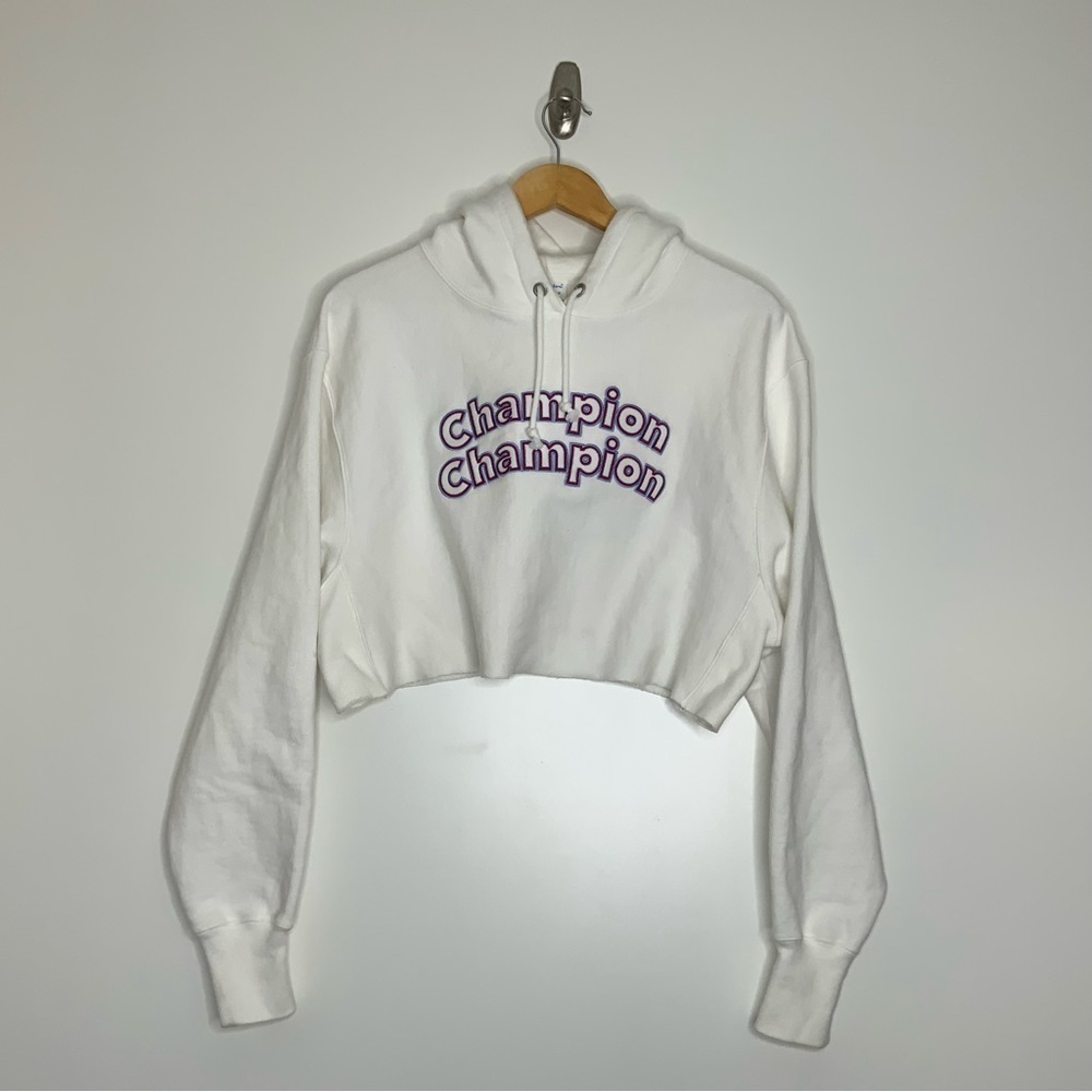 CHAMPION‎ LOGO Reverse Weave Hooded Crop Top Sewater. White. Size Medium.
